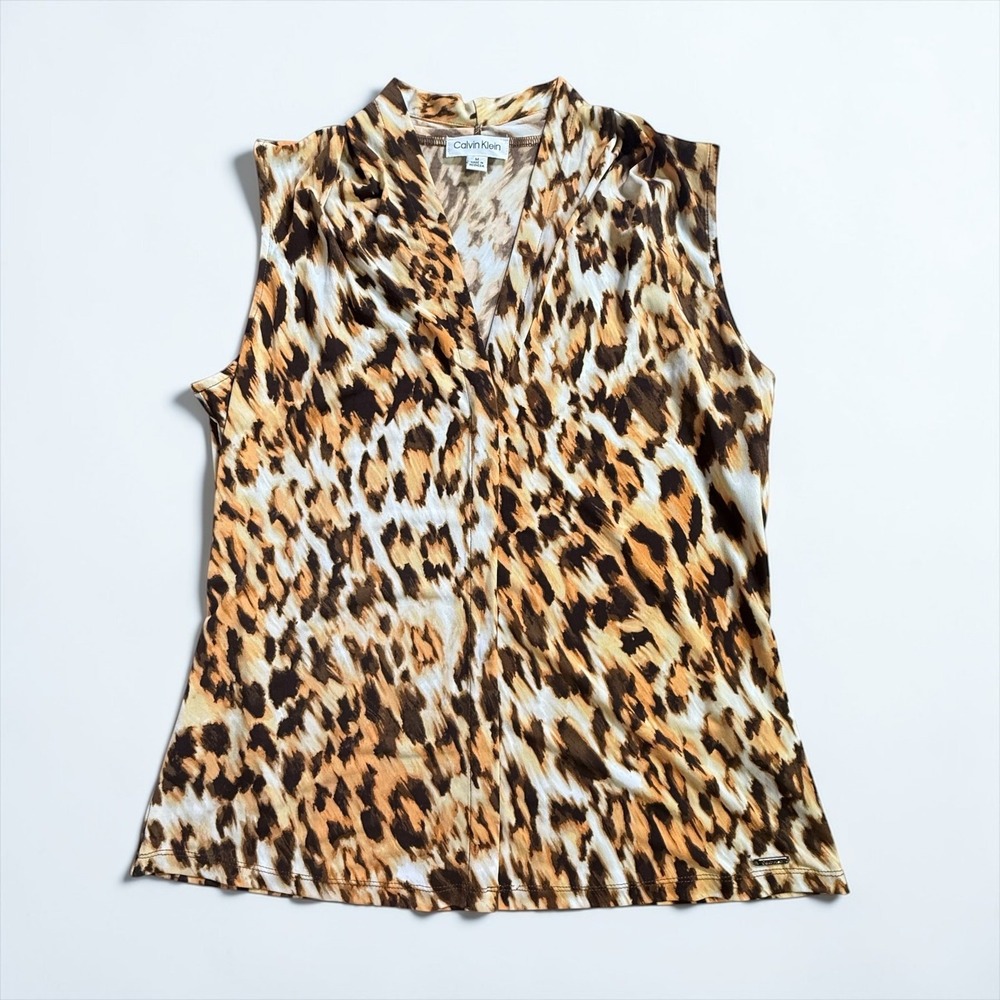Calvin Klein Womens Leopard Print Sleeveless V-Neck Blouse Tank Top Brown Medium